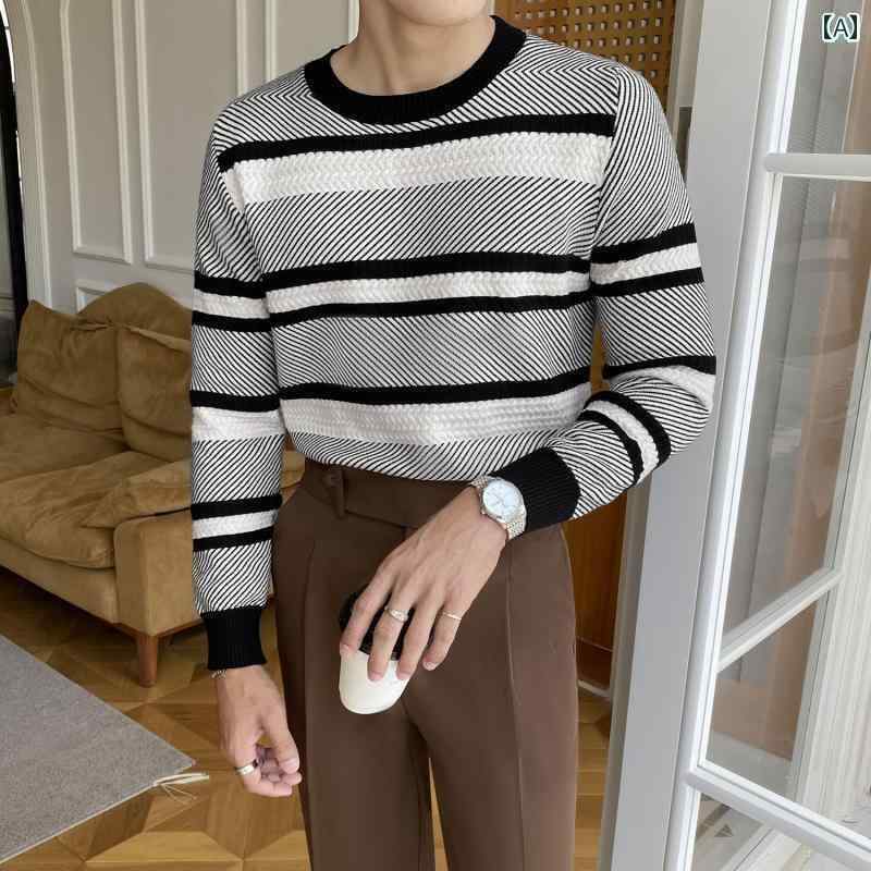 メンズ カジュアル ラウンドネック セーター 韓国 厚手 暖かい スリム ストライプ トップス 秋冬