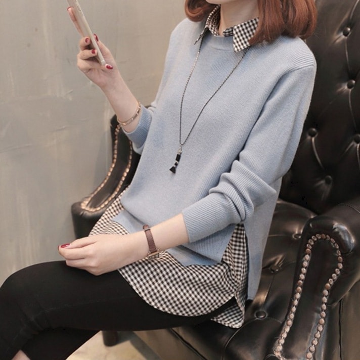 フェイクツーピーストップス 重ね着風カジュアルトップス 長袖ニットセーター スリット入りトップス トップス ニットソー セーター プルオーバー 袖あり 長袖 Vネック Uネック 襟付き ストレート