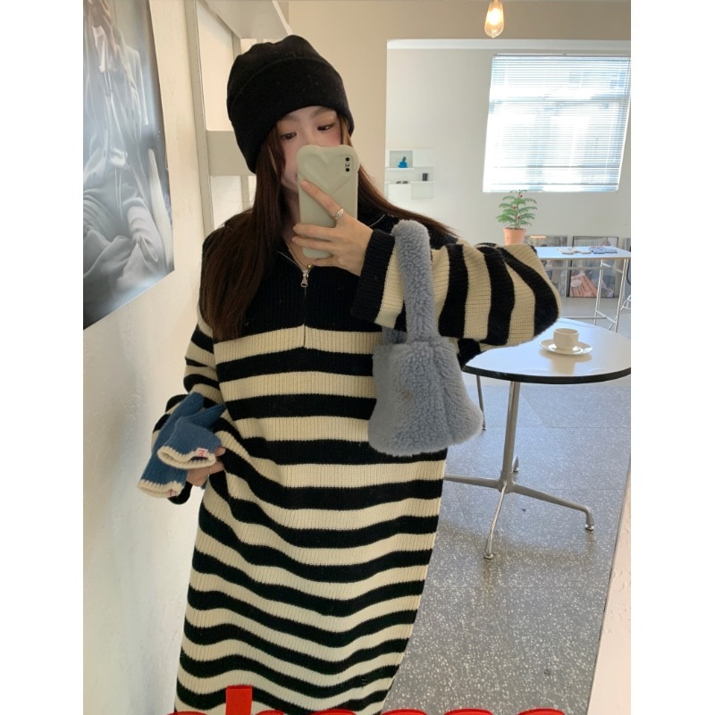 ハーフジップニットワンピース セーターワンピ ニットドレス ニットワンピース ゆったり 長袖 ワンピース ドレス レディース 韓国ファッション ルーズ 秋冬 ３カラー C249