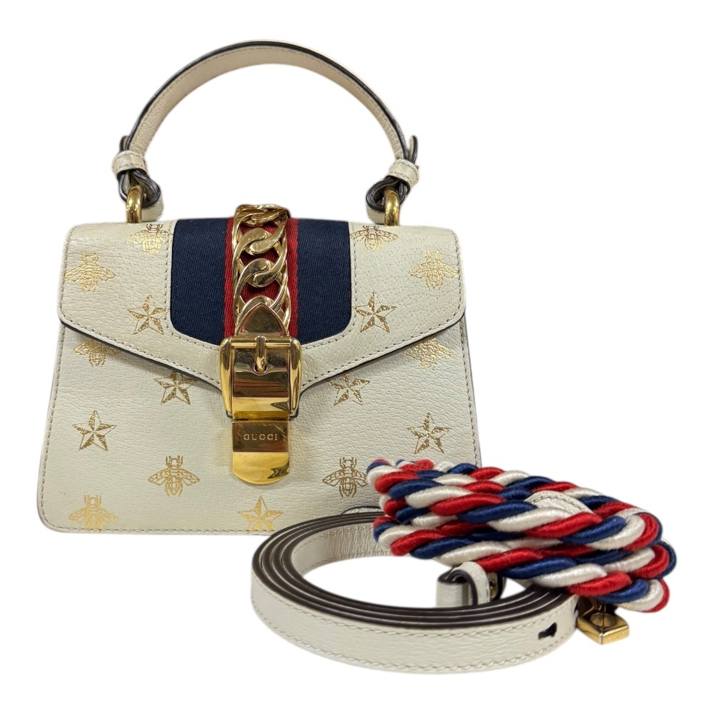 グッチ ビー＆スター　ミニ シルヴィ ショルダーバッグ レザー 470270 ホワイト GUCCI 中古