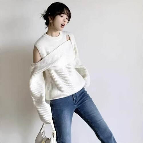 トップス レディース リブニットセーター プルオーバー 長袖 ラウンドネック オフショルダー デザイン