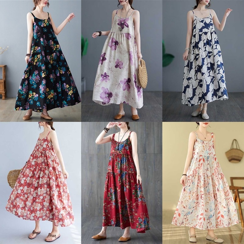 「ファットガール」ワンピース ノースリーブ リネン 夏ワンピ 体型カバー リゾートワンピース 大きいサイズ 柄 キャミソール ロング ビーチ 旅行 レディース 母の日のプレゼント