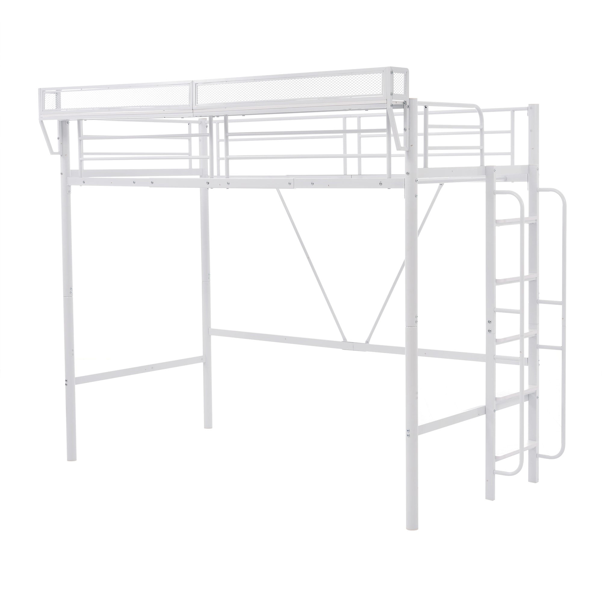 【国内発送】764【ホワイト】システムベット 宮棚　ロフトベッド シングル 手すり付き階段 便利な側面収納 北欧風 大人用　 スチール 耐震