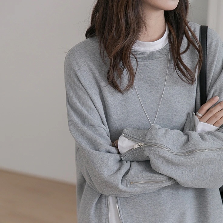 トップス プルオーバー トレーナー 袖あり 長袖 ラウンドネック スリット ファスナー かわいい 大人可愛い きれいめ シンプル カジュアル 大人 上品 おしゃれ お洒落 レトロ 大人可愛い 大人女子