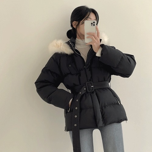 [フィット最高！/女性らしさ] 腰切れ~ ハイネック パーカー ベルト ダウンジャンパー (2color)
