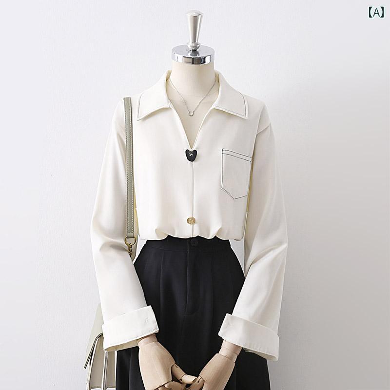 レディース シャツ ブラウス 長袖 春秋 初秋 レディース サテン風 オフホワイト 薄緑グレー ユニークボタン 開襟シャツ襟 Vネック ステッチ装飾 ポケット プルオーバー シンプル スタイリッシュ
