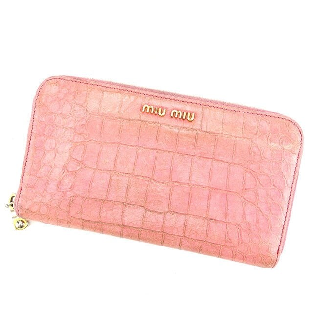 長財布 ラウンドファスナー クロコダイル調 ピンク ゴールド 中古
