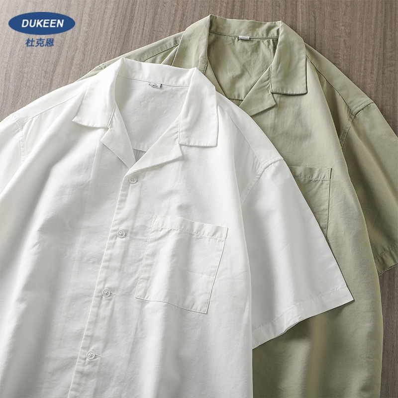 夏の新作アメリカンレトロ半袖シャツ男性用キューバンカラー無地ルーズカジュアル白シャツ