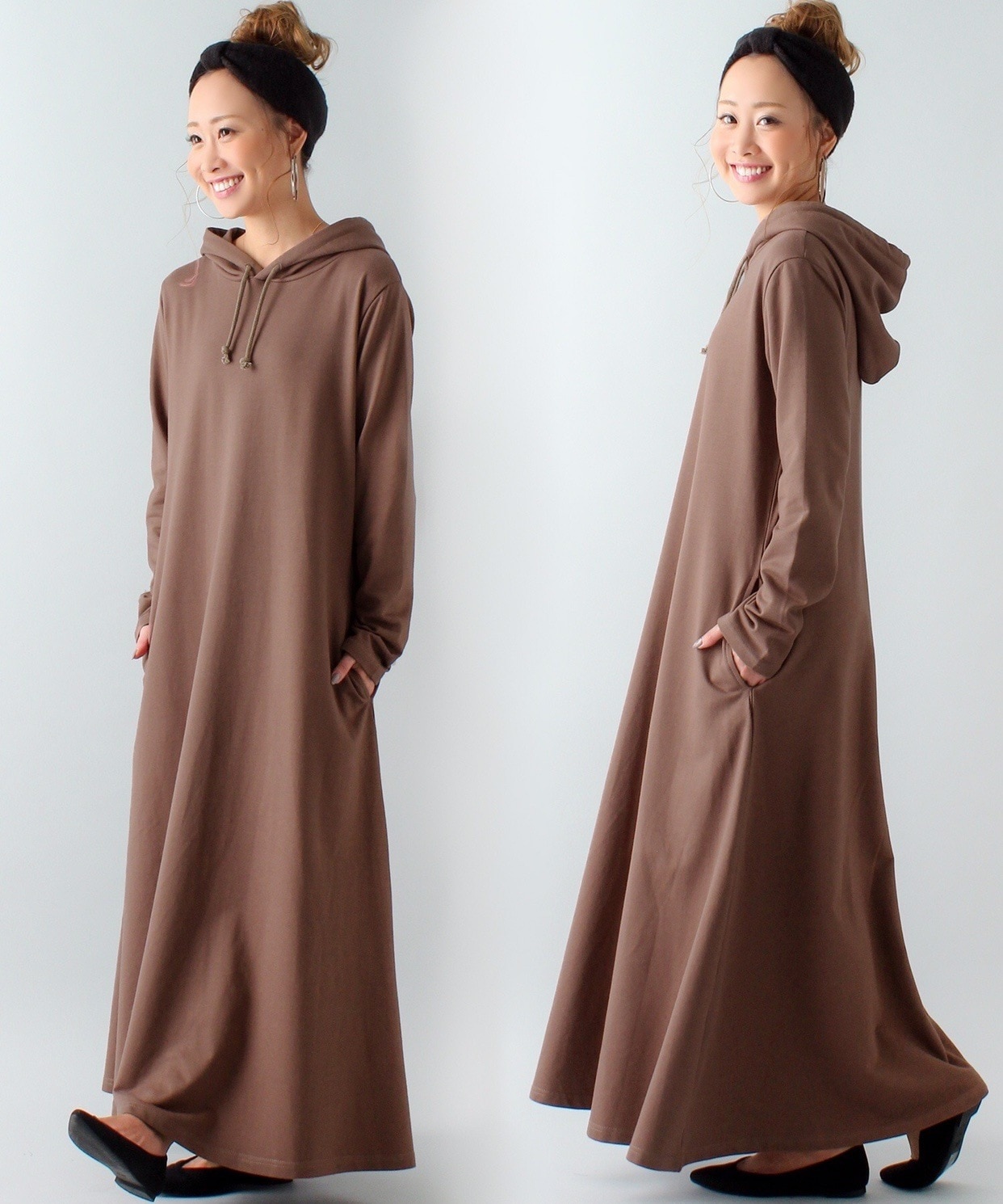 韓版の秋と冬の無地のポケットは薄く膝のセータードレスのロングスカートの女性の上に超ロングルーズ 母の日-0010252