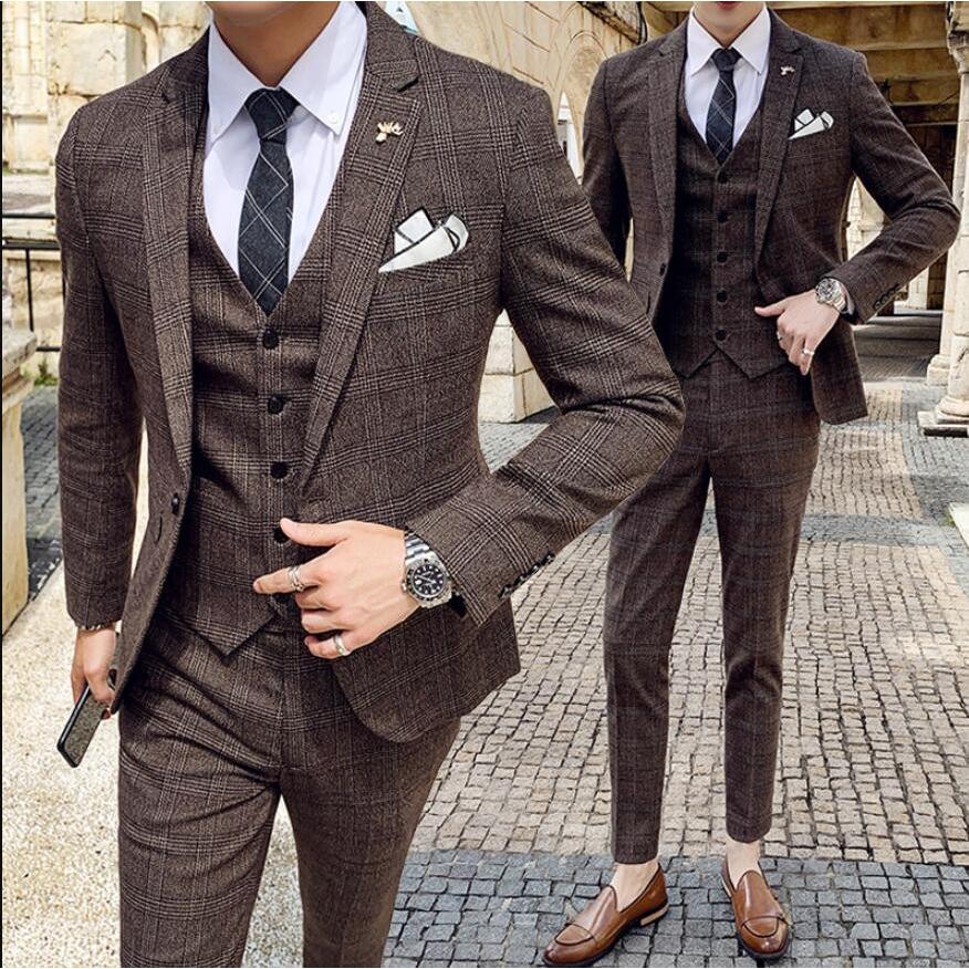 チェック柄 メンズスーツ 3点セットスーツ カッコイイ 1つボタンスーツ フォーマルスーツ 結婚式 二次会 成人式 卒業式 就職活 ビジネススーツ 披露宴 上品-493