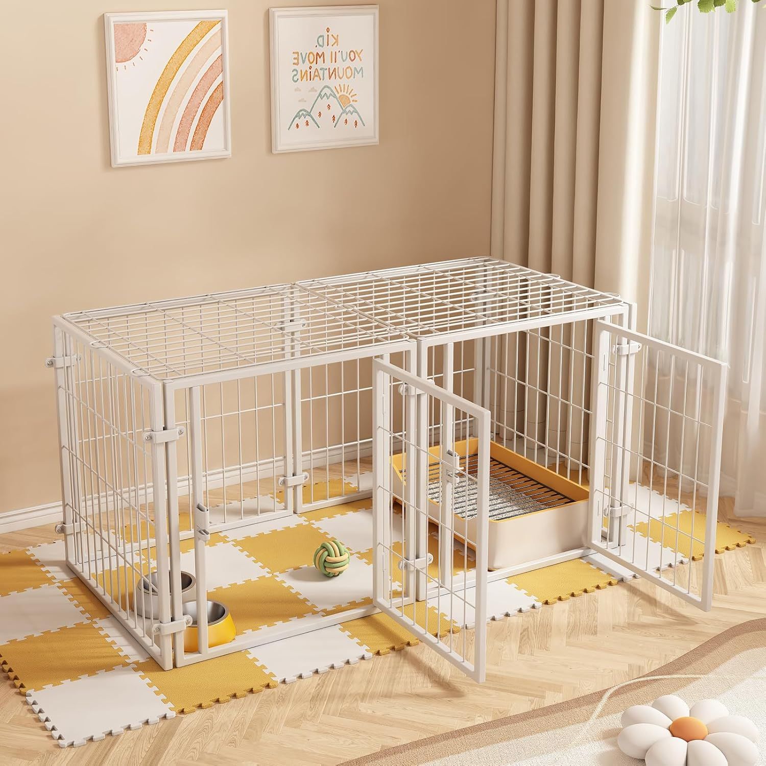 ペットサークル 犬 ゲージ ペットフェンス 犬 サークルケージドア付き サイズ：120x60x70CM （屋根面付き2つのドア）栅 組立簡単 レイアウト自由 トイレトレーニング 脱走防止 自立 ケー