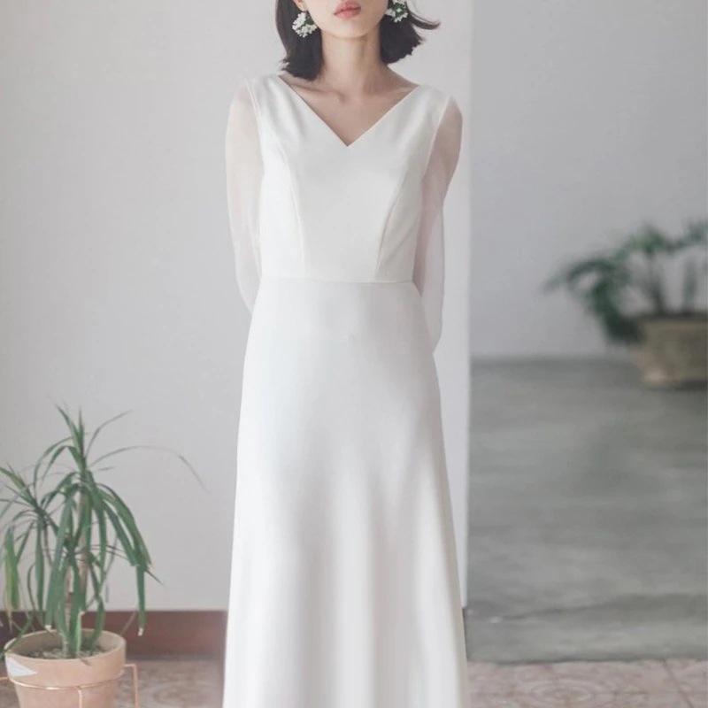 Hot!!!パーティードレスウェディングドレス 花嫁 結婚式 Aライン 長袖 ワンピース シンプル ウエディングドレス 安い 白 安い エンパイア 花嫁 フォトウエディング 韓国ファッション