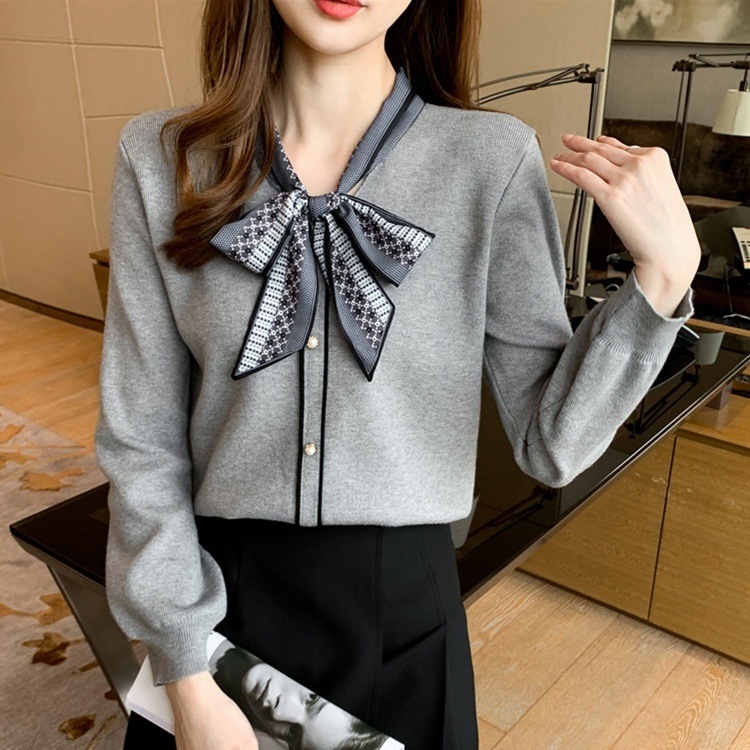 レディース トップス ブラウス ニット プルオーバー 長袖 りぼんタイ スリム フェミニン リボン コンサバ バイカラー 配色 中厚手 かわいい 大人可愛い きれいめ シンプル カジュアル 上品