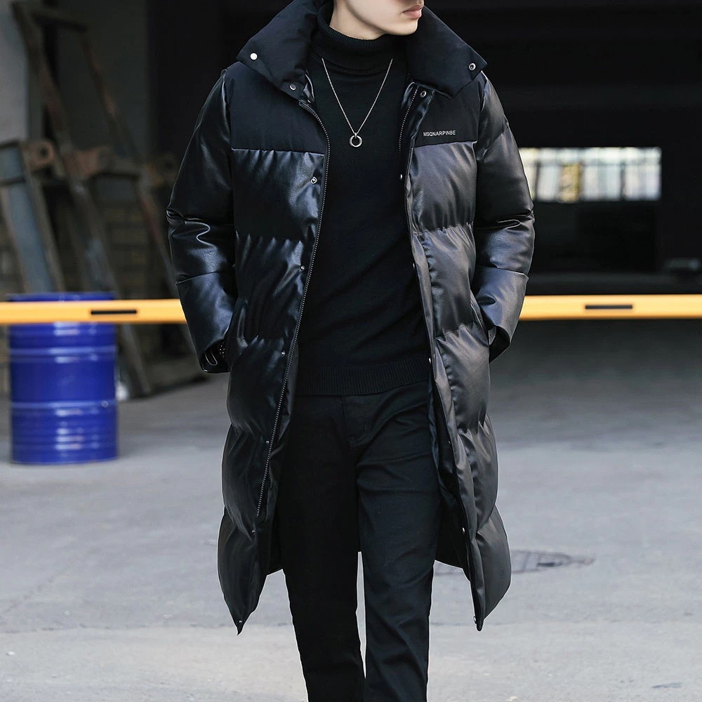 2025INS大人気 新作 冬 ロング丈 かっこいい 保温 カジュアル PU ダウンコート 厚手 オシャレ ブラック 個性 中綿ジャケット