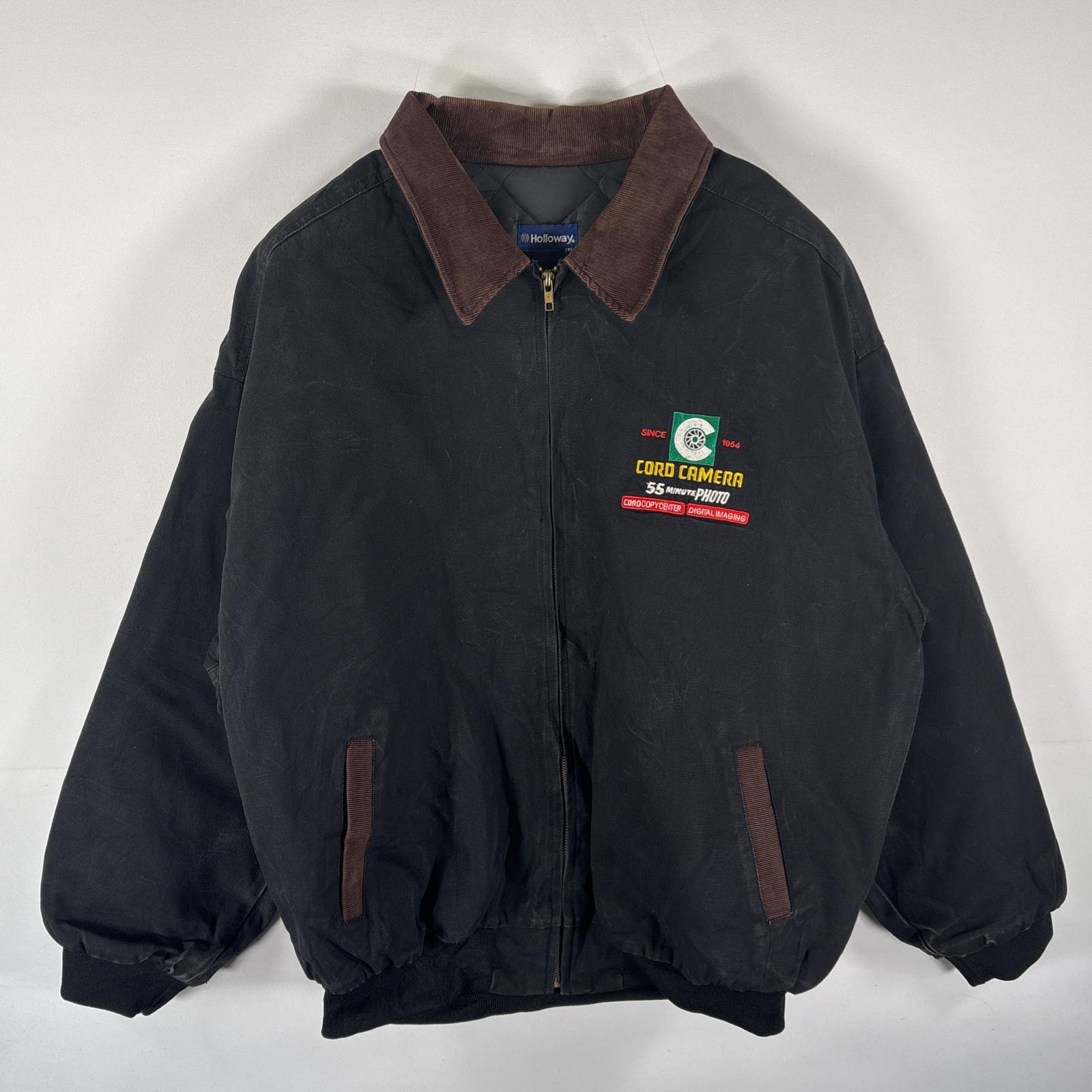 古着 90s/90年代 ホロウェイ Holloway USA製 ジャケット ダック地 ワークジャケット フルジップ 企業ロゴ刺繍 大きいサイズ XXL ブラック メンズ