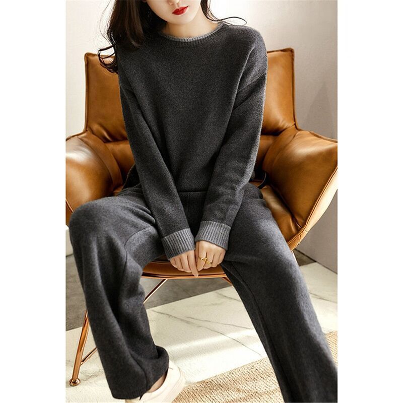 新品 大人気 ニットセットアップ レディース 秋冬 長袖セーター 配色 ワイドパンツニットセットアップ カジュアル部屋着 ゆったり 通勤 オシャレ40代セット 50代 30代 orange