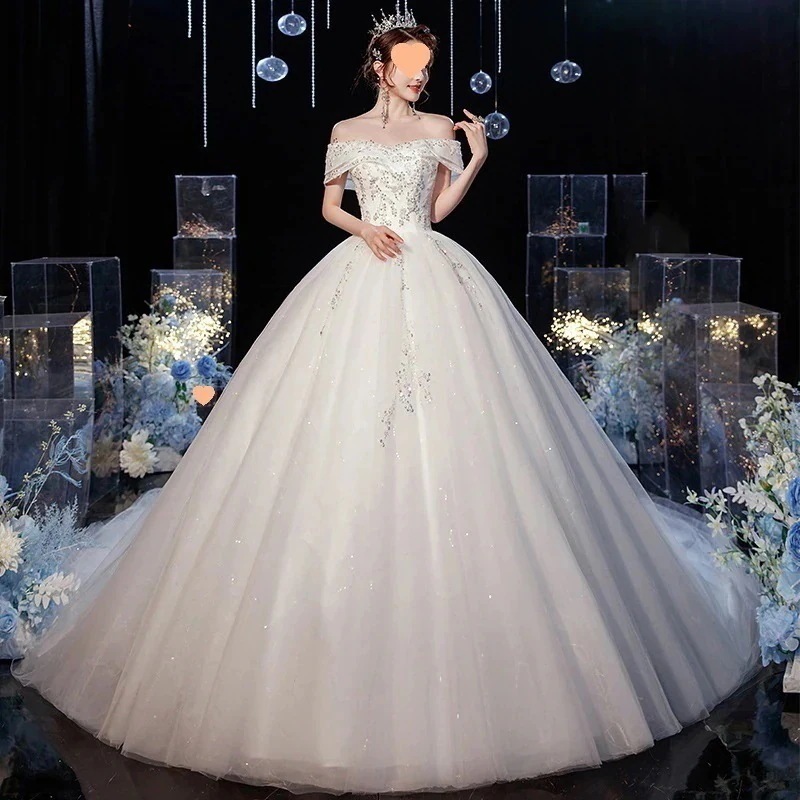 ライトウェディングドレス2025メインヤーントレーリングワンショルダー小さな花嫁フロアレングス痩身プラスサイズ妊婦冬