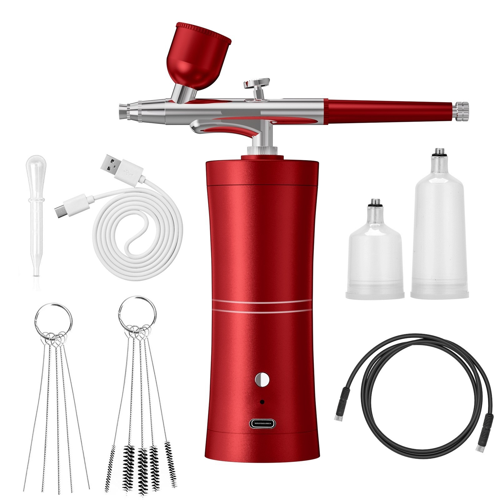 オートスイッチ+2個バッテリー エアブラシ セット 充電式 ダブルアクション 3サイズカップ付 10cc 20cc 40cc 0.3mm口径 プラモデル 塗装 レッド