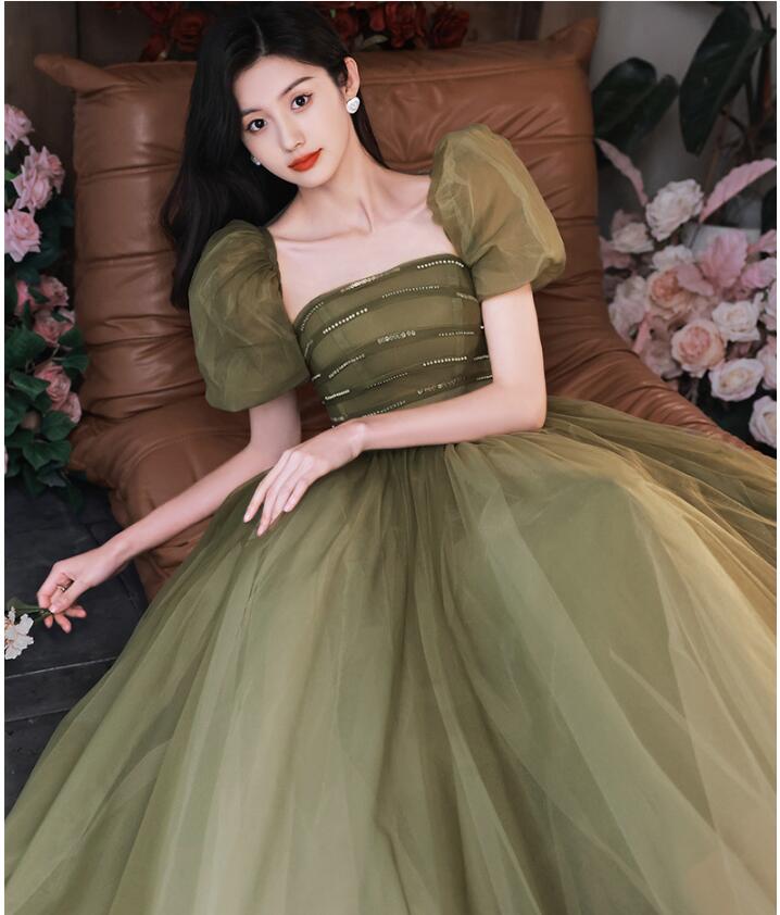 カクテルドレス グリーン 大人 高校生 フォーマル ピアノ 発表会 二次会ドレス キレイめ 演奏会ドレス パーティードレス ゲストドレス ロングドレス Aライン パフスリーブ お呼ばれドレス 可愛い 4,831円