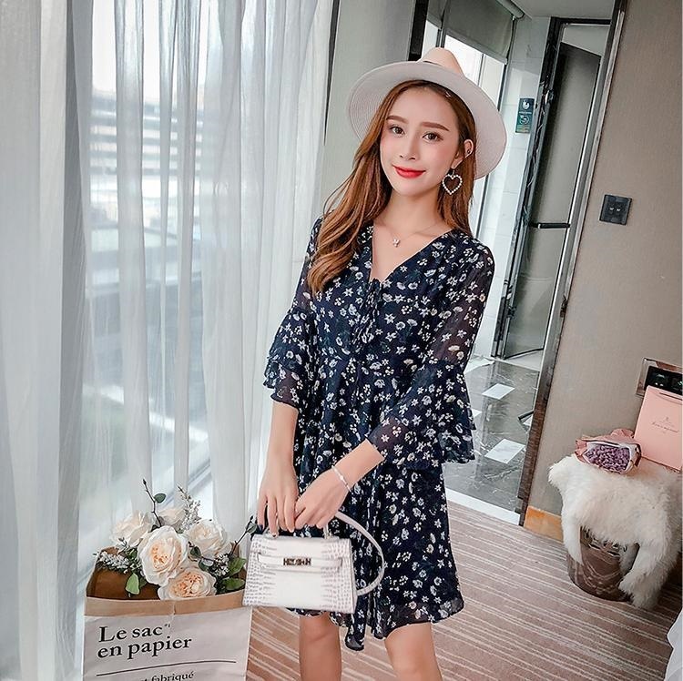 1246. 花柄フレアスリーブワンピース(ブルー）