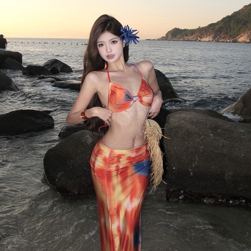 替换アイランドリゾート 夕日 セクシー ビキニ 3点セット 水着 暈し ホルターネック セパレート ロングスカート セクシー7881633
