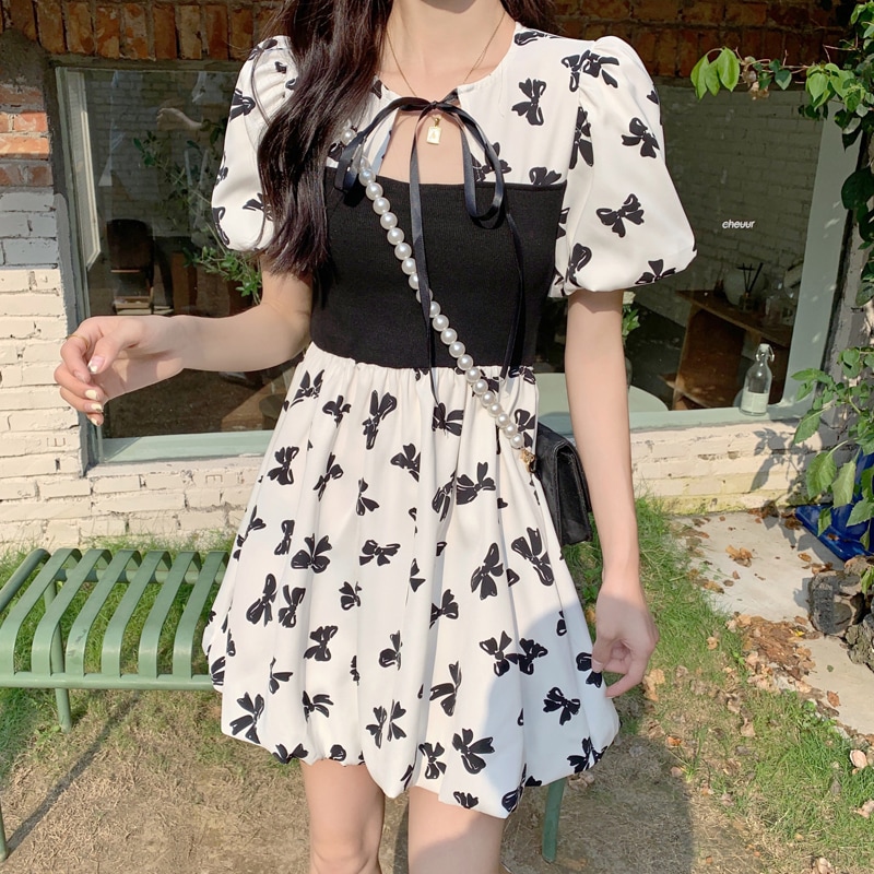 ワンピース パフスリーブ バルーンスカート ホワイト 白 ブラック 黒 レディース ワンサイズ