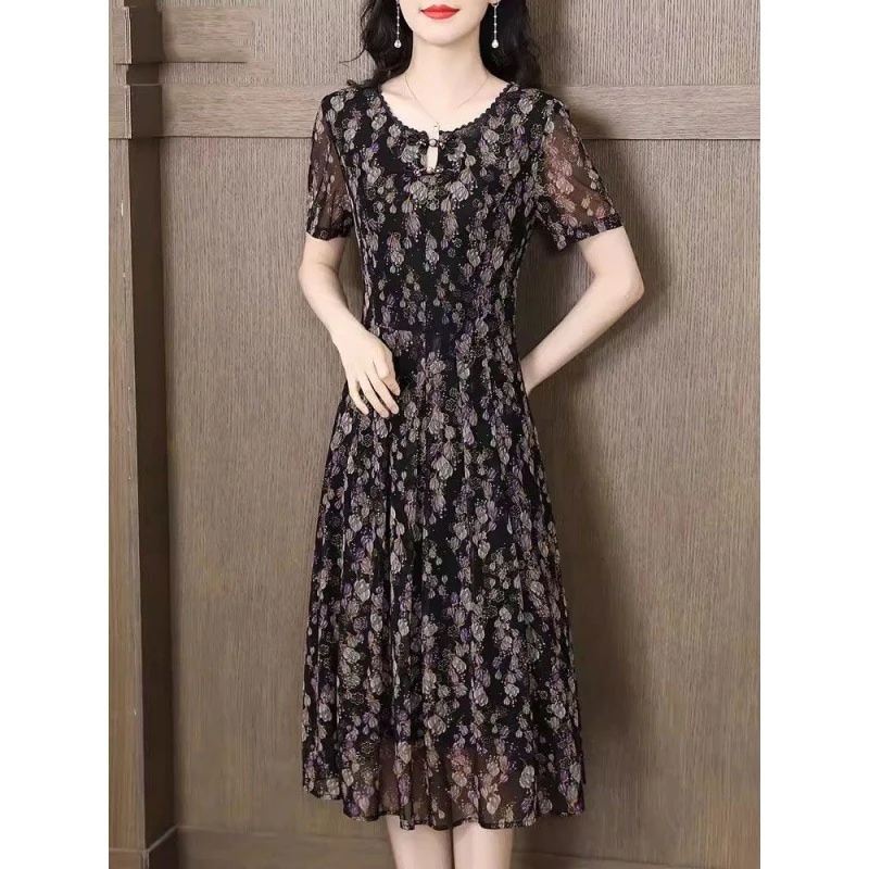 メッシュワンピース夏2025新作ウエスト細めカジュアル通勤スカート