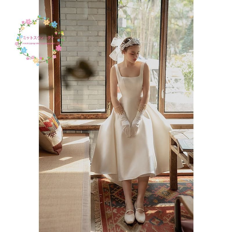 新作 ウェディングドレス 二次会 花嫁 結婚式 Aライン ミモレ丈 ウエディングドレス 後撮り リボン シンプル エレガンス 披露宴 発表会 可愛い おしゃれ