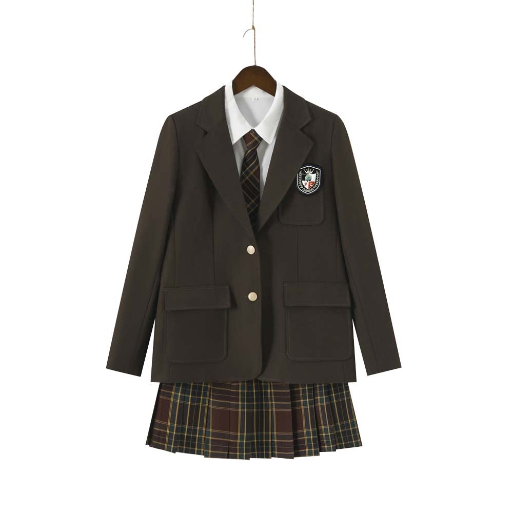 ブレザー JK制服 コート セーラー服 ジャケット 女子高生 スーツ スカート バッジ ネクタイ 茶色 ブラック (L, 茶色5点セット) 73477
