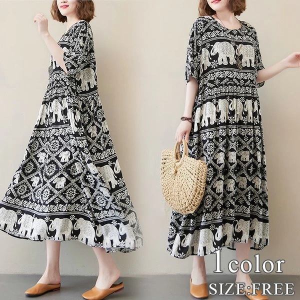 大柄 エスニック プリント ワンピース ミモレ ロング カジュアル ゆったり 総柄 ロング丈 半袖 ワンピ 春夏秋 トレンド 大人可愛い レディース