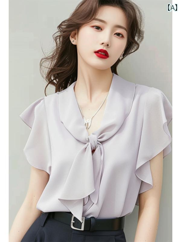 レディース ファッション 美しい シャツ 薄紫 Vネック 半袖 シフォンシャツ 夏 フランス トップスス