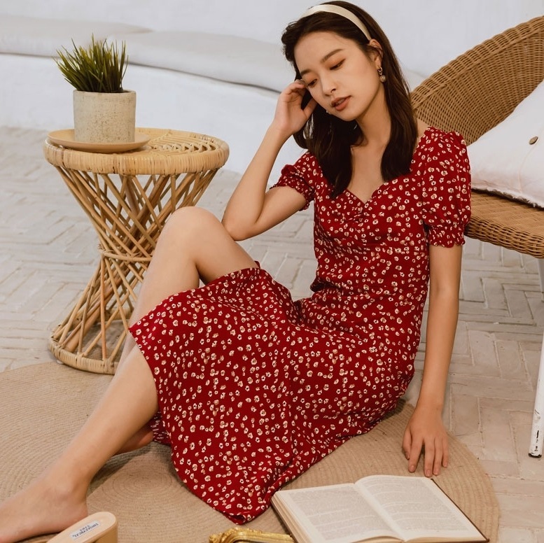 ワンピース レディース 小花柄ワンピース S M L XL 韓国 スリット 小花柄 半袖 可愛い かわいい きれいめ 大人 上品 オシャレ お洒落 おしゃれ 大人可愛い 大人女子 ラブリー キュート