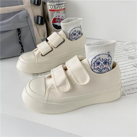 スニーカー 厚底スニーカー ダッドスニーカー フラットシューズ新しい厚底キャンバスシューズかわいいベルクロ大きな頭の靴の学生百小さな白い靴とローファー フラットパンプス スタイルアップ！ヒールパンプス