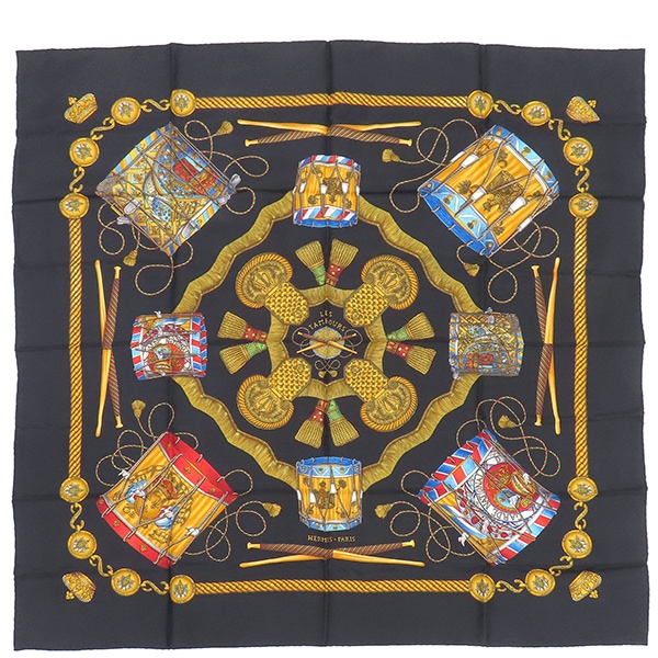 エルメス スカーフ カレ90 CARRE シルク ブラック×マルチカラー 【LES TAMBOURS/タンブールの太鼓】　 【中古】