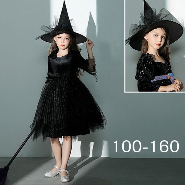 コスプレ 衣装 キッズ 子供服 ハロウィン 魔女 ウィッチ 女の子 ワンピース パフスリーブ 長袖 帽子 ひざ丈 黒魔女 ヴィランズ コスプレ衣装 コスチューム 可愛い パーティ イベン 仮装 ブラッ
