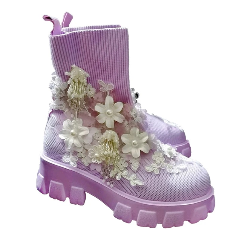女性のための丸いつま先のミッドカーフストレッチブーツ厚底靴紫の手作りのレースブーツカジュアルファッションモダンなアウトドアレディース