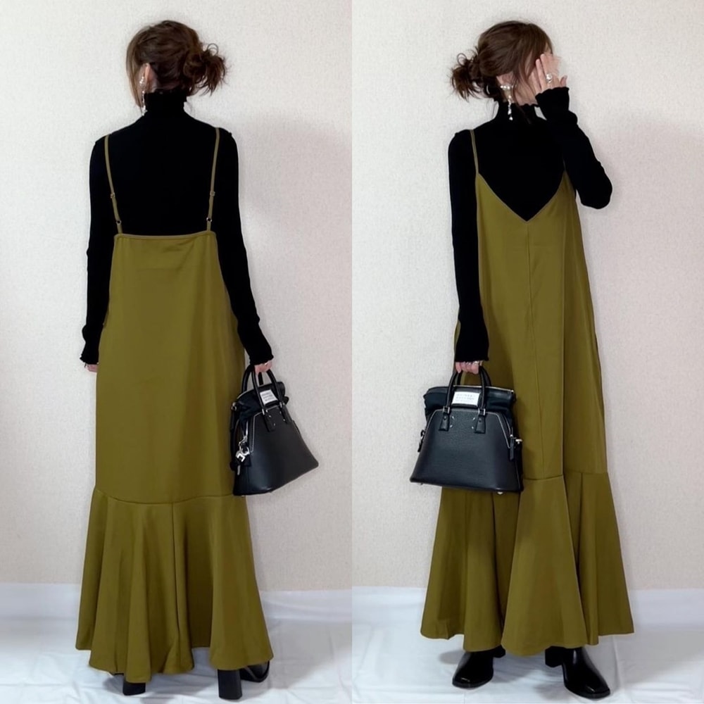 ワンピース キャミソールワンピース ストラップワンピース ジャンパースカート Vネック レイヤード ノースリーブ マーメイドスタイル ハイウエスト ロング丈 Aライン 切替デザイン 大人女子