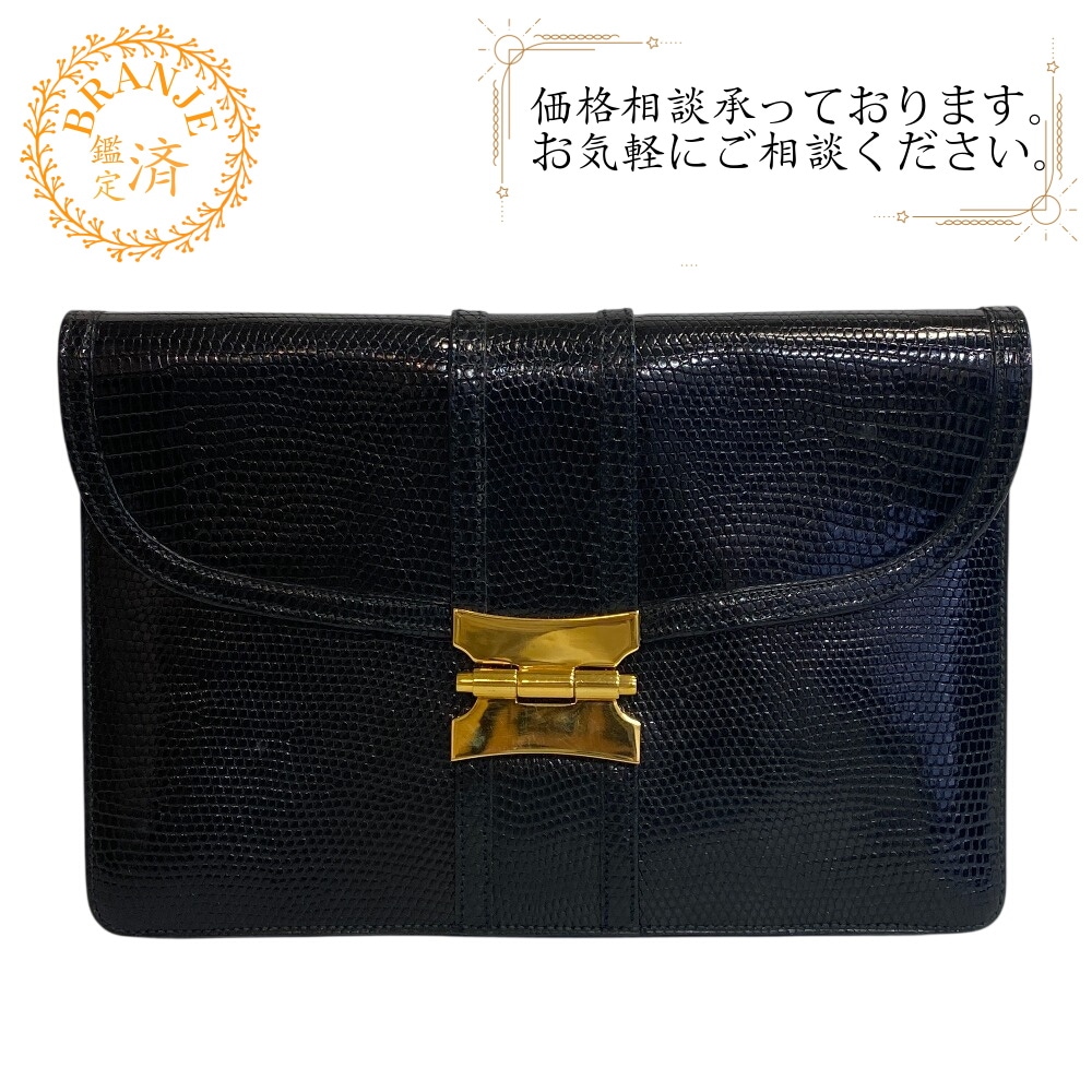 セカンドバッグ レザー リザード クラッチバッグ ブラック レディース