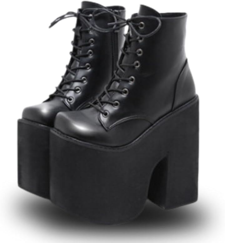 ブーツ 超 厚底 レディース 16cm サイドジッパー ショート レースアップ 編み上げ 太ヒール コスプレ シンプル ライブ 身長アップ ゴスロリ(ブラック, 24.5 cm) 6,125円