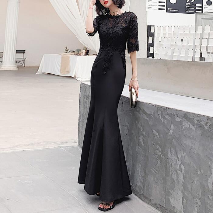結婚式 ワンピース ドレス 袖あり レース シアー マーメイド レディース きれいめ カジュアル ロング丈 五分袖 大人 可愛い 切り替え ハイウエスト 透け感 オケージョン 二次会 ブラック 黒 春