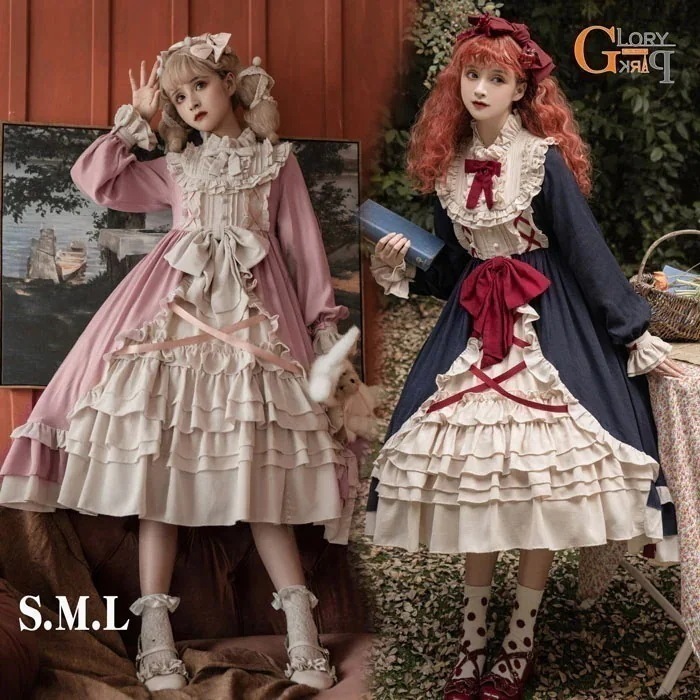 ロリータ ワンピース ガーリー Aライン Lolita レディース 青 ネイビー パープルピンク S M L コスチューム かわいい フリル リボン 仮装 パーティ イベント