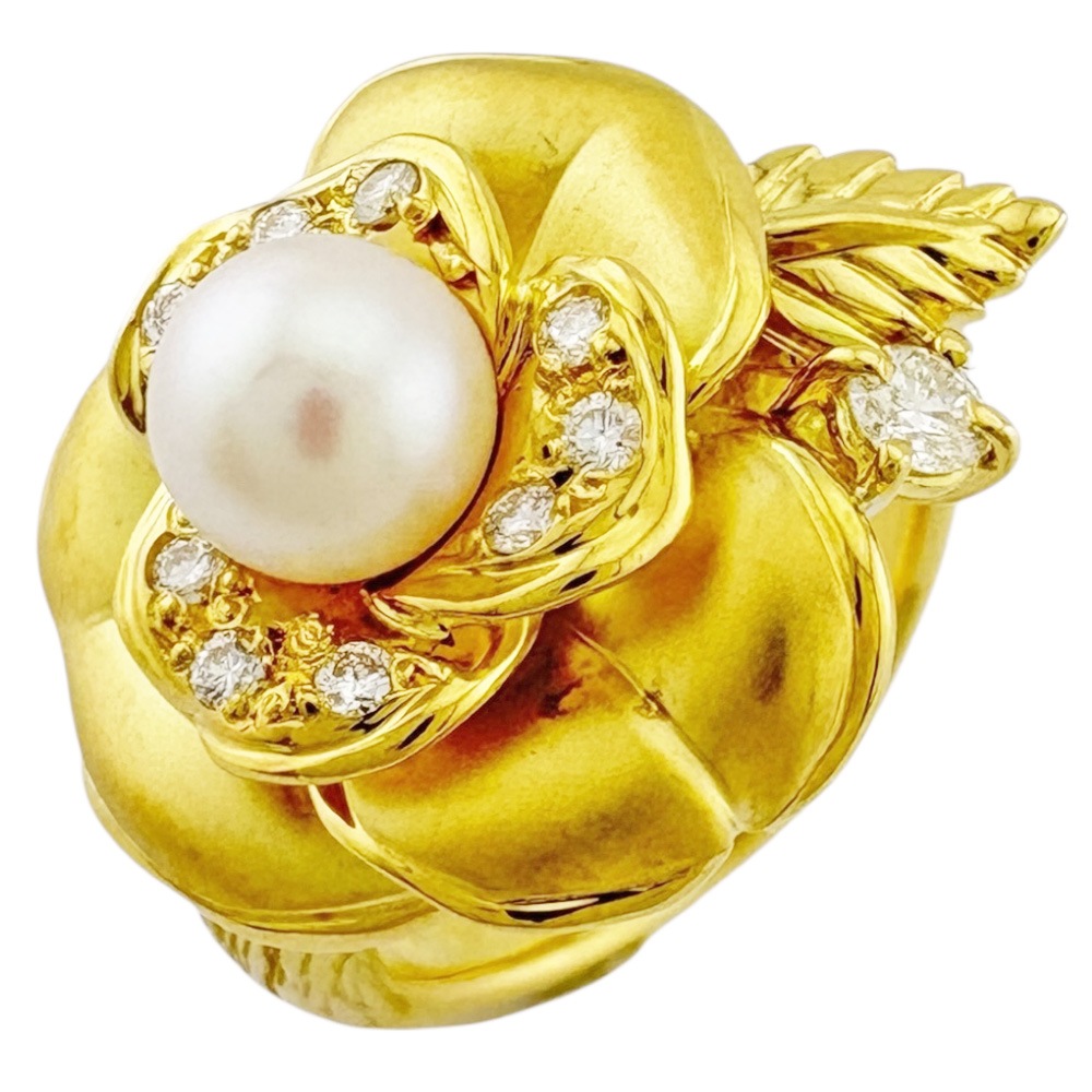 POLA 花 バラ リング 指輪 9号 18金 K18イエローゴールド アコヤパール ダイヤモンド 0.12ct 中古 美品