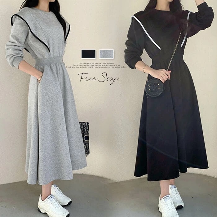 微起毛 ワンピース 春 秋冬 きれいめ レディース ロング 無地 スリット フレアワンピース フレア 痩せ見えレディース ロングワンピース 春秋 冬 長袖 バルーン ハイウエスト ニットワンピー aラ