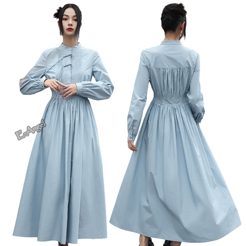 シャツワンピース 長袖 ロング マキシ丈 水色ワンピース 無地 チャイナ風ワンピース スタンドカラー 春夏秋 ゴムウエスト ライトブルー Aライン 腰括れ レトロ チャイナボタン 着瘦せ デート 通勤