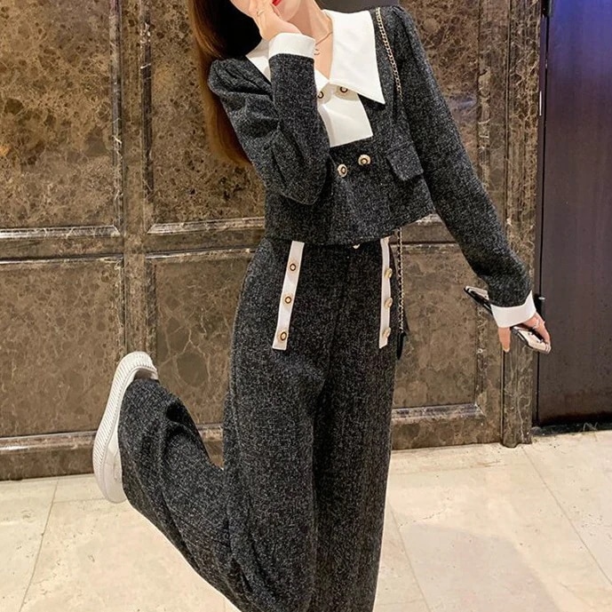 ハイエンドのカスタマイズ-ファッショナブルな小さな香りのツーピーススーツの女性の秋の薄いセクション2025新しい薄いセクション淑女のような気質のワイドレッグパンツ