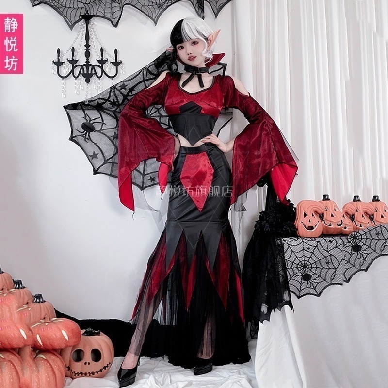 【人気爆売れ】ハロウィーンコスチューム黒と白魔女ヴァンパイアロングスカート魔女装鬼花嫁女王装cosクーラ