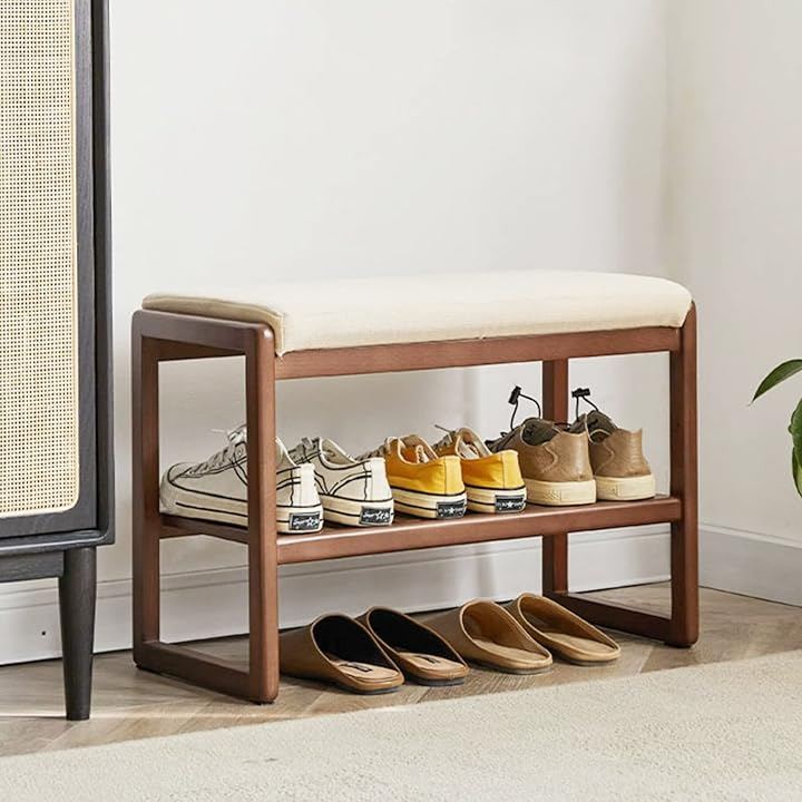 玄関ベンチ 収納ベンチ シューズラック ブナ材 靴収納 玄関椅子 サポートチェア 腰掛け 完成品 学習椅子 スツール 玄関収納 (ブラウン, 60x30x42cm)