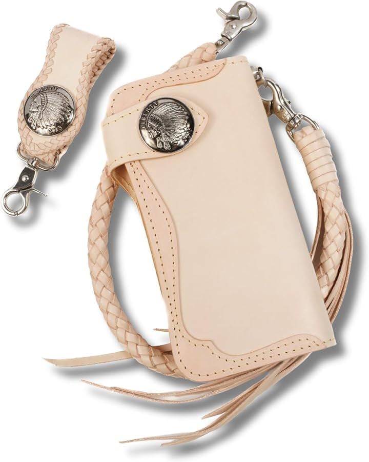 バイカーズウォレット 長財布 ウォレットチェーン ドロップハンドル ベルトループ セット ライダースウォレット レザーウォレット 二つ折り メンズ (ナチュラルxシルバーインディアン)