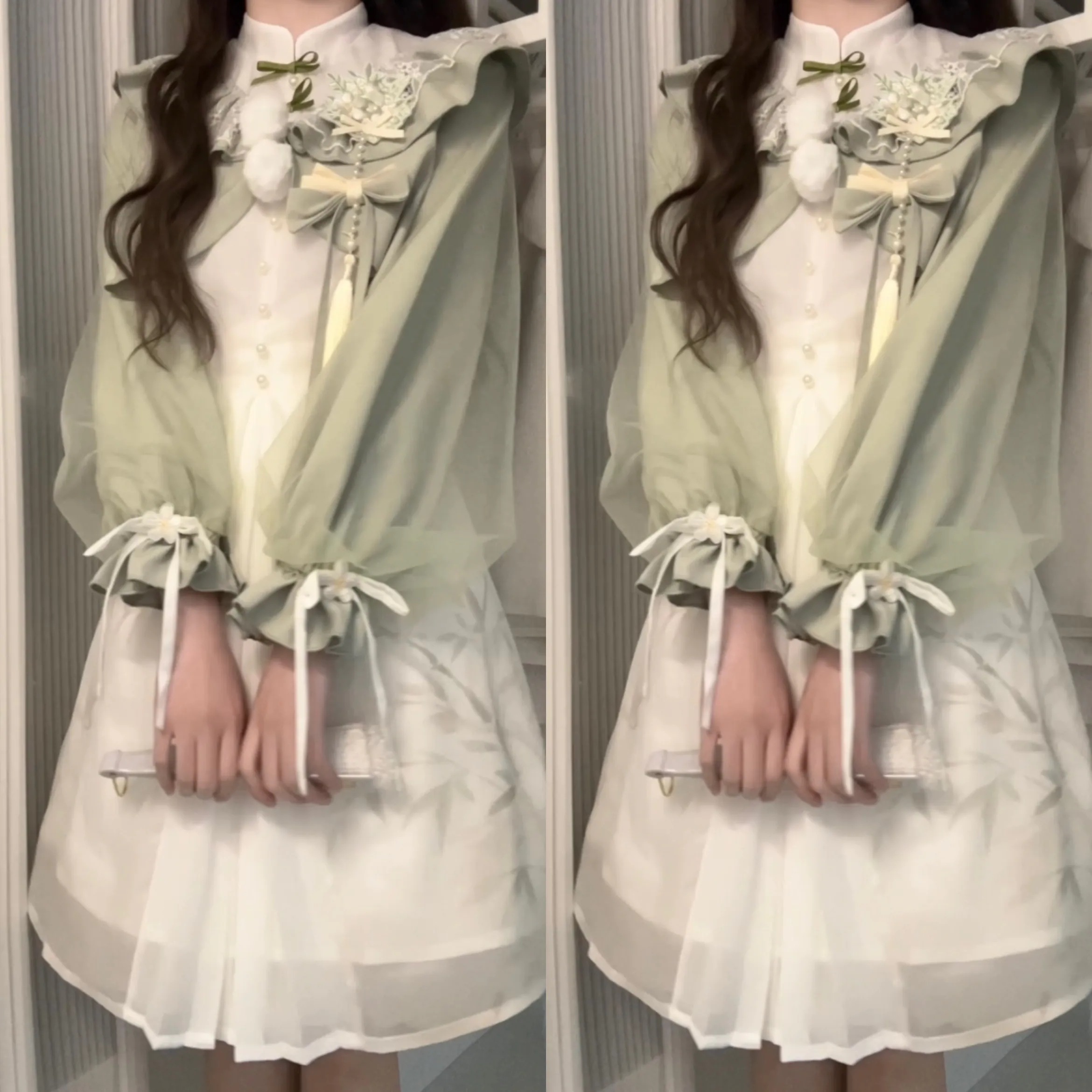 正規品デザイン青梅緑茶新韓国cos要素ワンピースコートセット少女