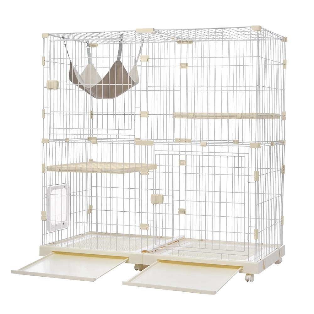 【国内出荷 - 3日配達】猫 ケージ キャットケージ 2段 幅広設計 自由組み合わせ 猫ドア付き ハンモック付き 大型 猫ゲージ 高級感 おしゃれ キャットハウス ネコ ハウス 多段 留守番 保護 脱